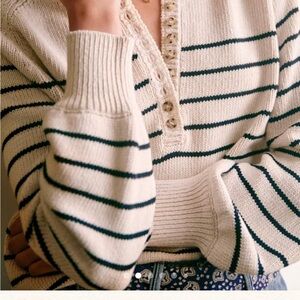 Sezane Cream and Navy Striped V-Neck Sweater